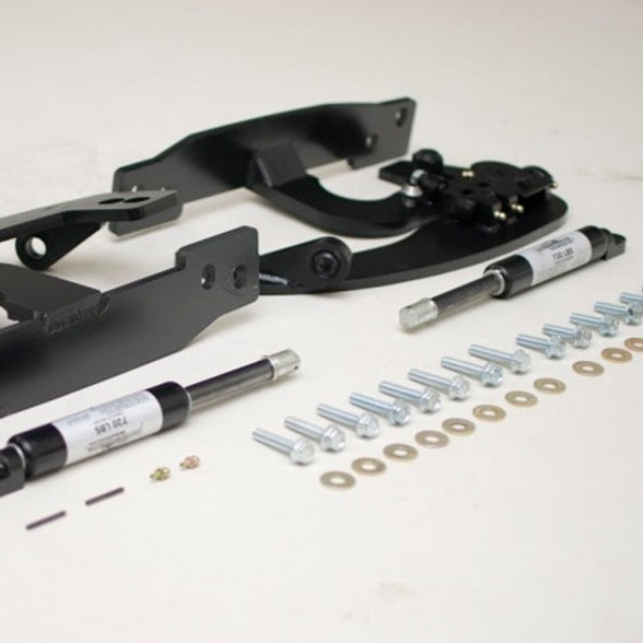 C8 vertical doors at-home installation hardware kit with black metal brackets and silver bolts