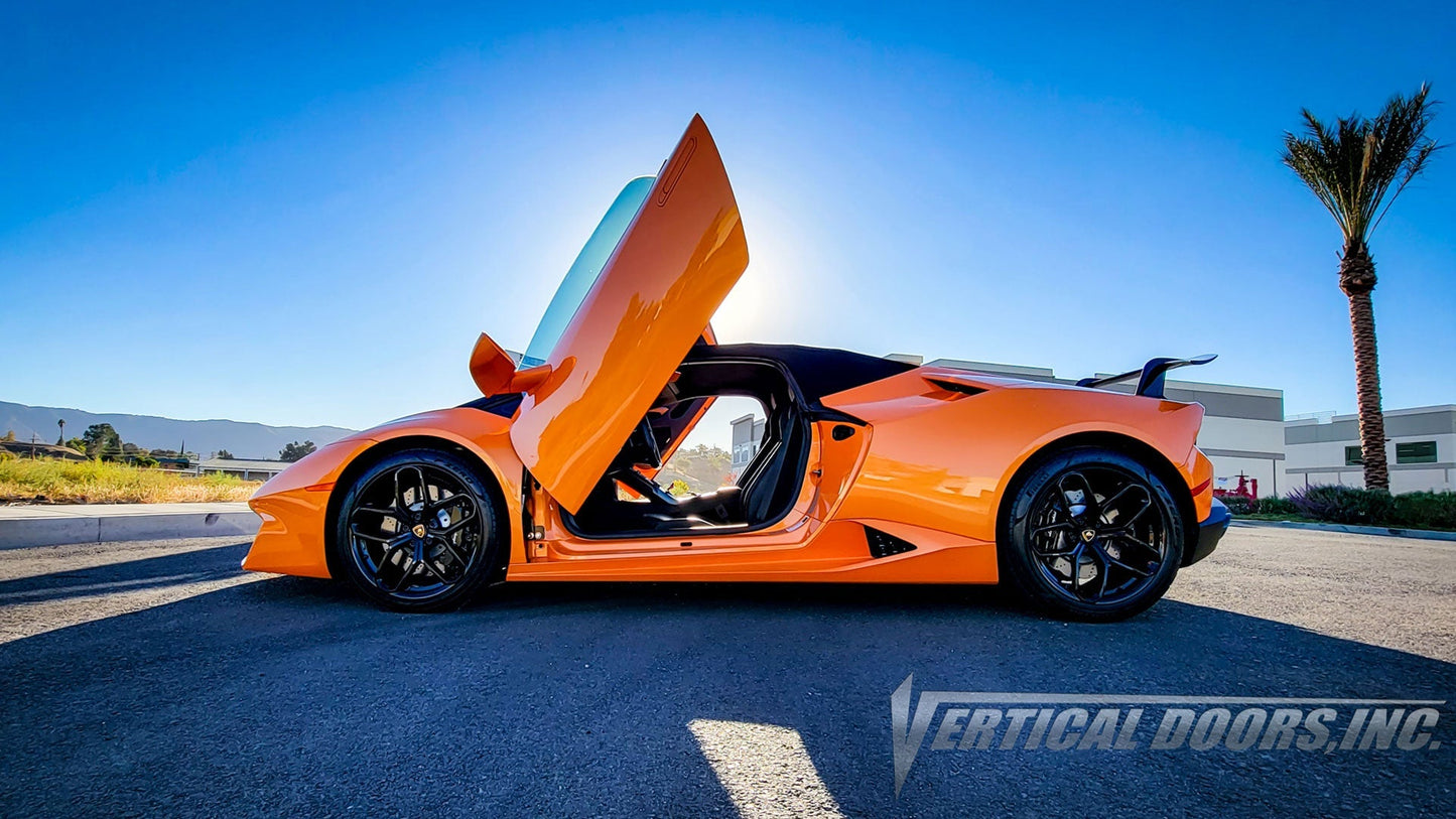 Orange Lamborghini Huracan with Lambo door kit for Lamborghini Huracan installed by Vertical Doors Inc