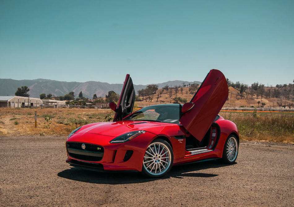 Red Jaguar F-Type with Vertical Doors Inc Jaguar F-Type Lambo doors kit installed on both sides