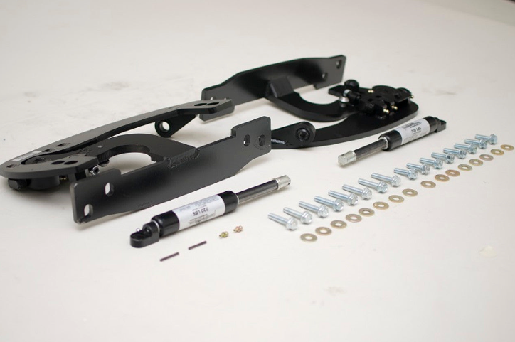 Gallardo Lambo doors kit by Vertical Doors Inc with black metal brackets and mounting hardware